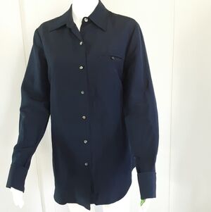 AUGUST SILK Navy Blue French Cuff | Button Down Tunic Length Shirt Sz M